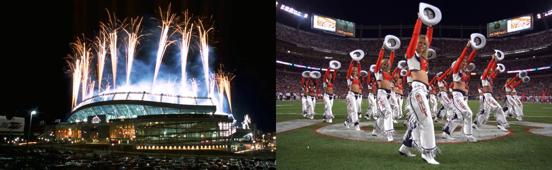 Invesco Field at Mile High's fireworks and cheerleaders.